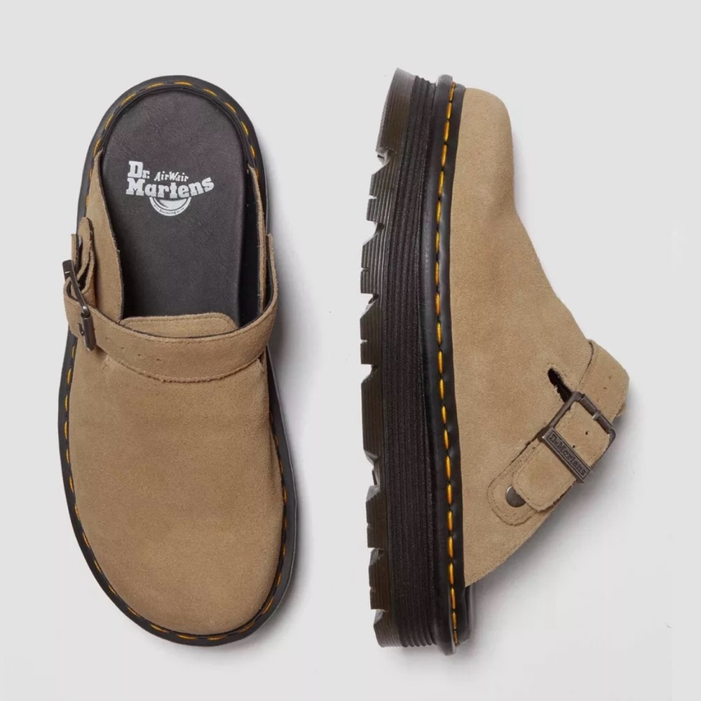 NEW NIB Dr. Martens Zebzag Suede Slingback Platform Mules Tan Loafers Slip-Ons